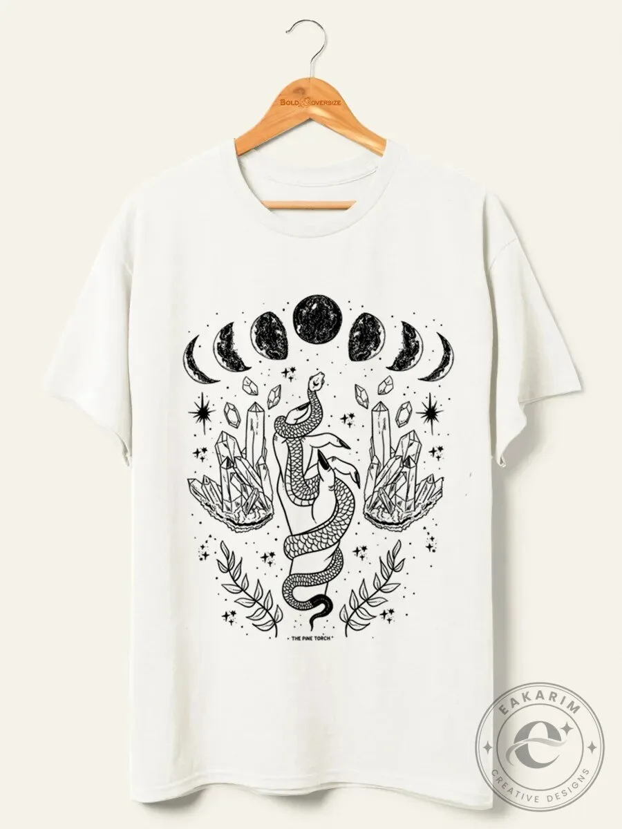 Mystical Moon Phase Crystals Snake Graphic T-Shirt