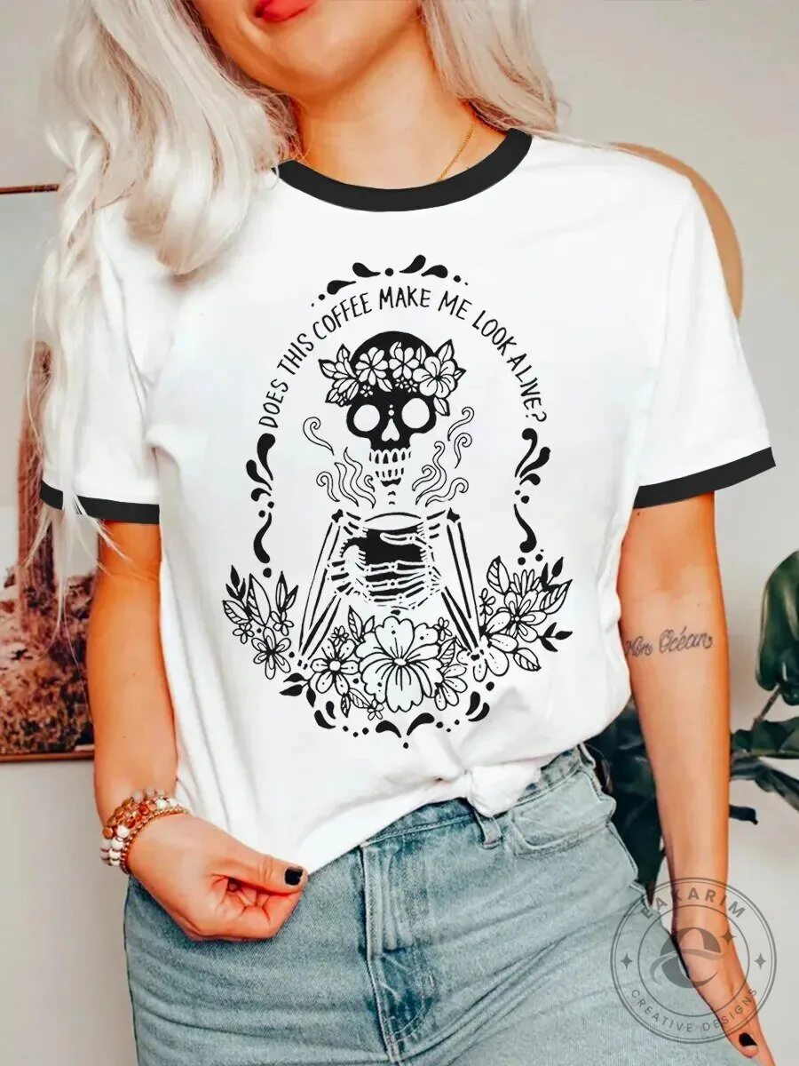 Coffee Skeleton Does This Coffee Make Me Look Alive Ringer T-Shirt