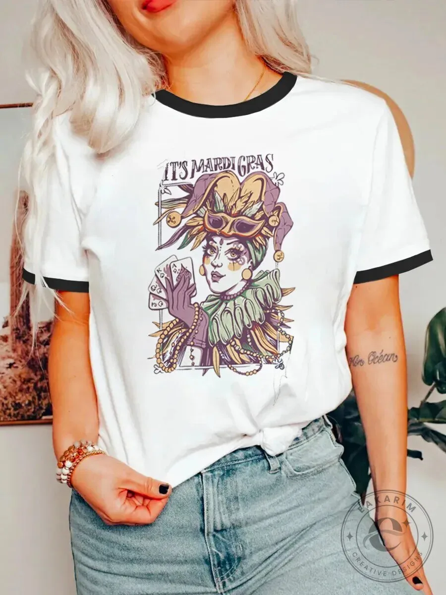 Mardi Gras Jester Queen Playing Cards Graphic Ringer T-Shirt
