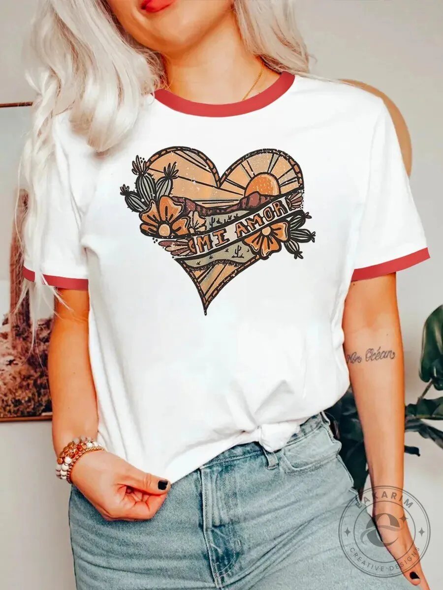 Vintage Mi Amor Desert Landscape Heart Graphic Ringer T-Shirt