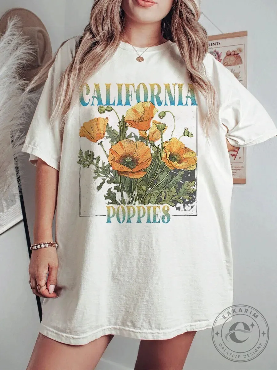 California Poppies Wildflower Botanical Vintage Graphic T-Shirt