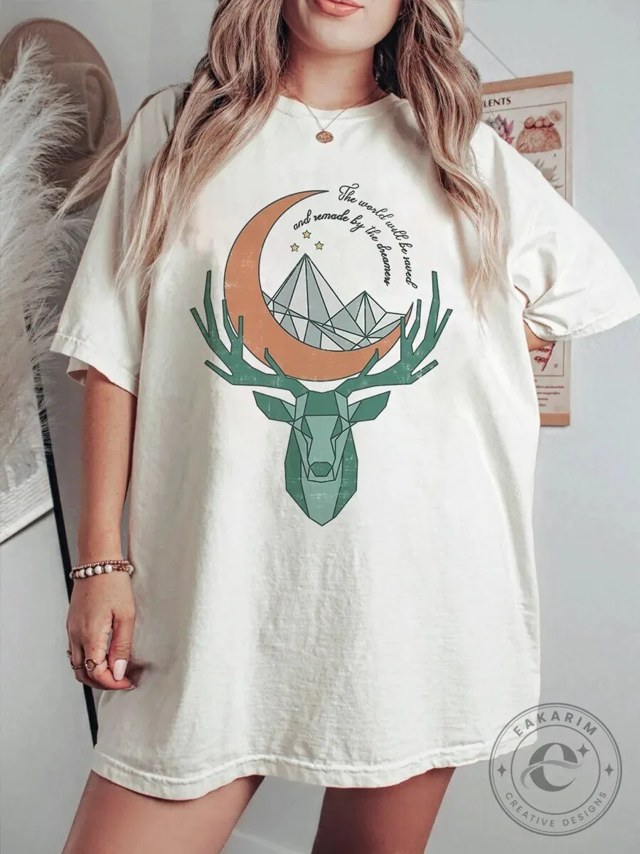 Geometric Deer Head Crescent Moon Nature Lover Quote Oversized T-Shirt