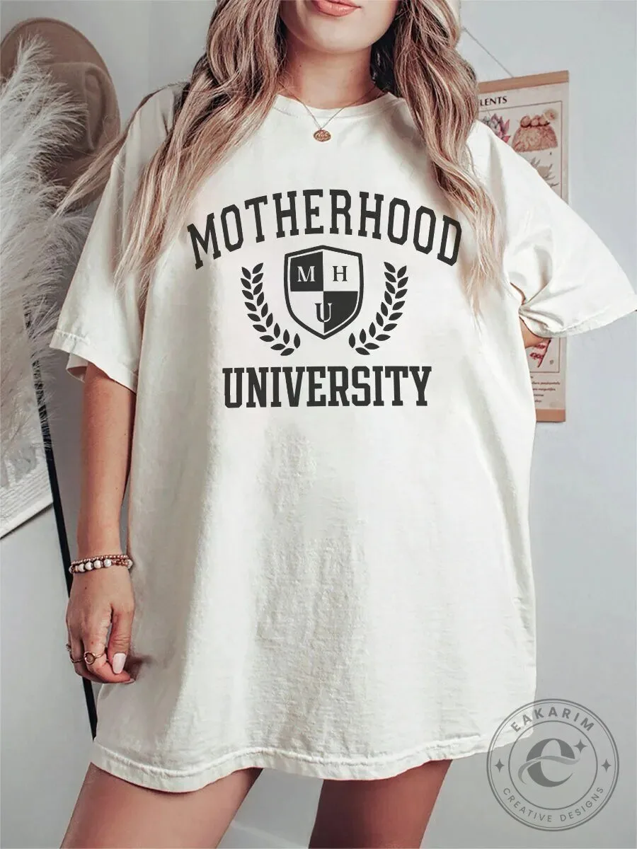Motherhood University Crest Graphic Oversized Cotton T-Shirt for Women