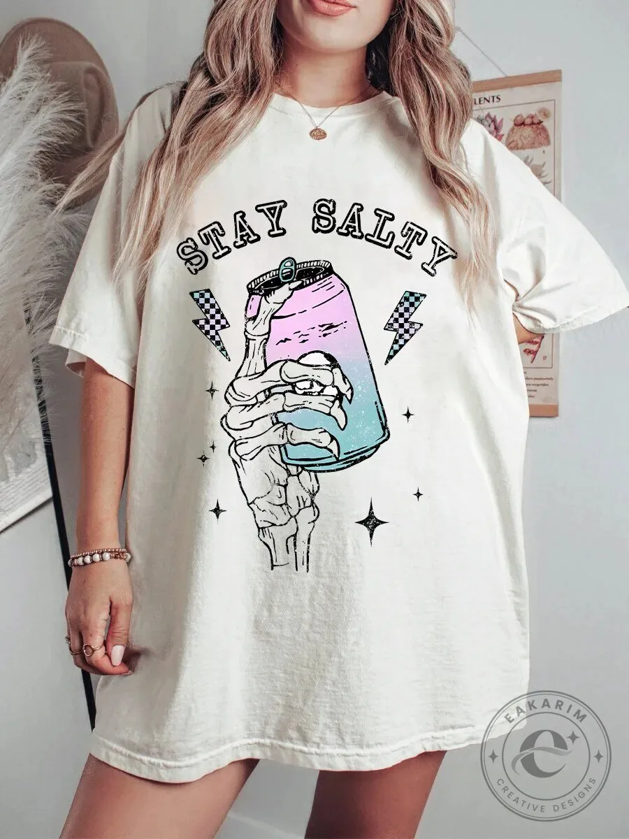 Stay Salty Skeleton Hand Holding Drink Can Vintage Graphic T-Shirt
